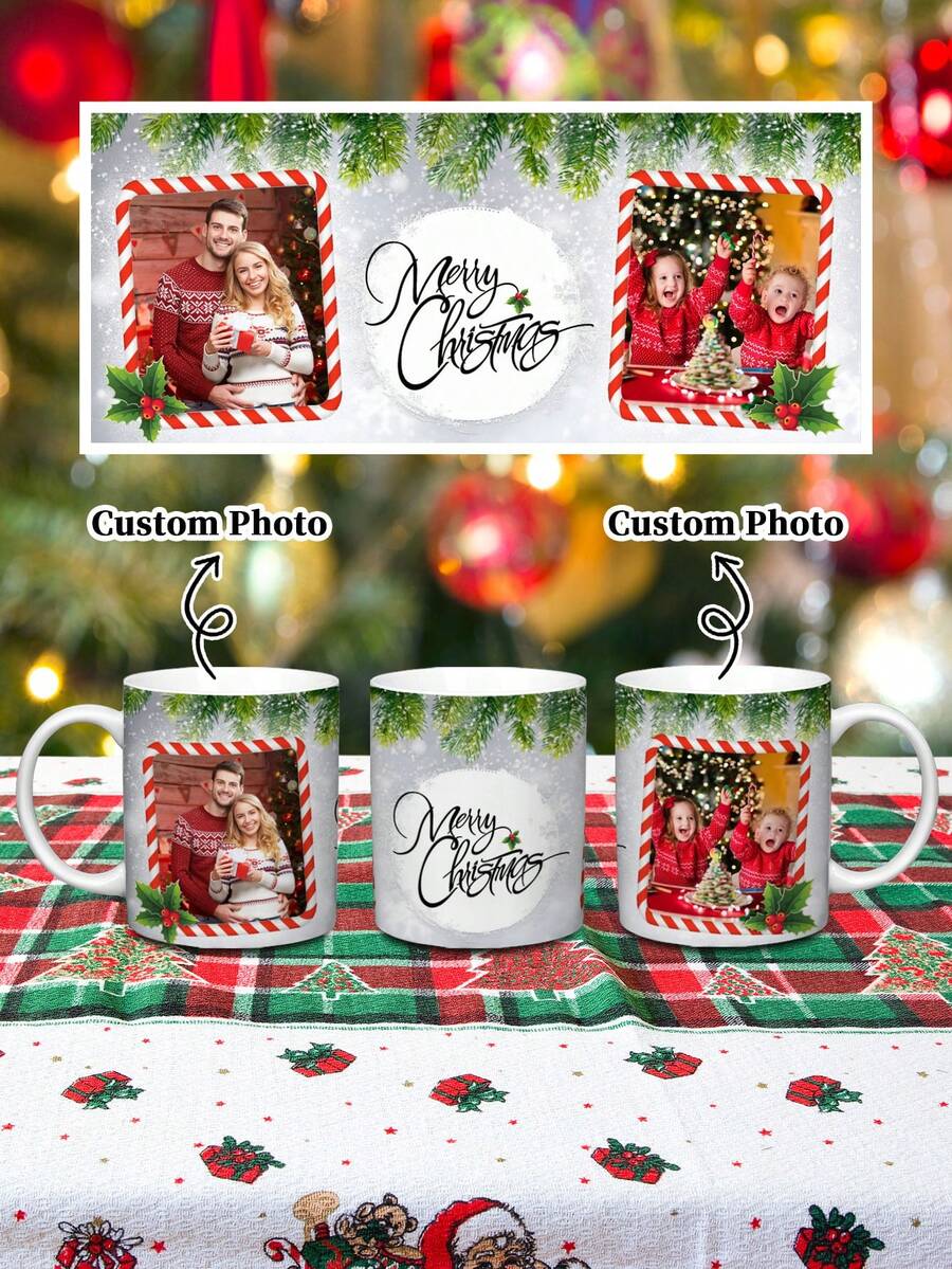 1 Stück 330ml Fröhliche Weihnachten-Weihnachtsrand Personalisierte Foto Tasse, Schnee, Weihnachts Dekoration Pflanzen, Weihnachts Foto Trinktasse Wassertasse, Personalisierte Weihnachts Foto Kaffeetasse, Weihnachtliche Familien Kreativgeschenk - mehrfarbig - Übersicht 1