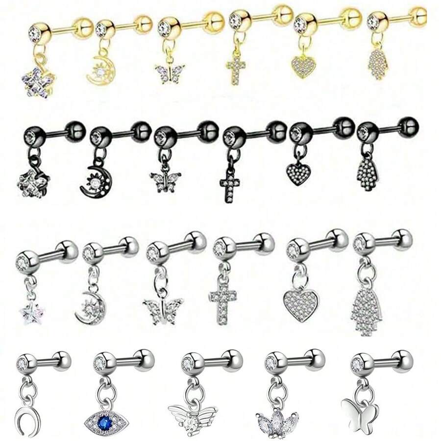 1 件 16G 316 不锈钢耳钉方晶锆石耳洞耳钉耳屏软骨杠铃耳环耳轮海螺身体穿孔首饰适合女性女孩 - 銀色 - 查看 1