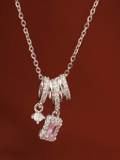 1 chiếc vòng cổ trang trí hình ngôi sao vuông bằng thép không gỉ màu hồng bằng đá Zirconia, khung cong bằng bạc với mặt dây chuyền bằng thép titan hình vuông màu tím bằng đá Zirconia, thích hợp làm quà tặng Ngày của Mẹ và trang phục hàng ngày của phụ nữ