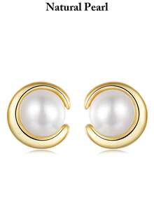 WOSTU 1 cặp bông tai ngọc trai tự nhiên mạ vàng 925 bạc Sterling tối giản và thời trang cho phụ nữ món quà trang sức tinh xảo phù hợp để đeo hàng ngày, dự tiệc - Vàng - Xem 3