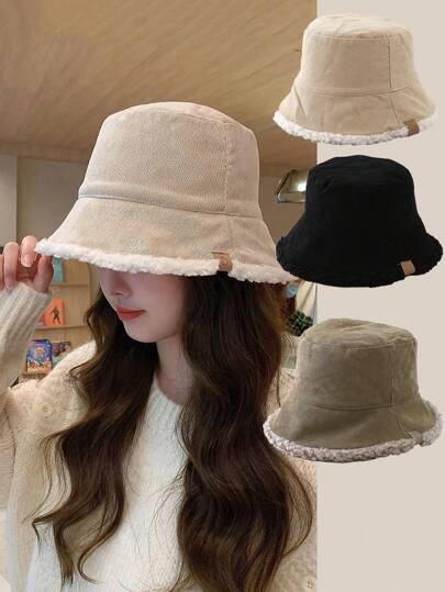 1pc Women Thick Warm Reversible Bucket Hat, Made Of Corduroy & Plus Fleece Thick , Stylish And Comfortable For Autumn/Winter, Versatile Soft Plush Bucket Hat Winter Hat Winter Outfits