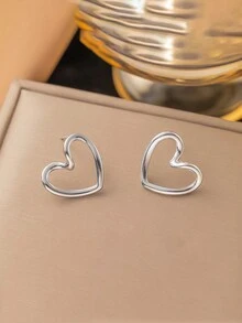 1 Cặp bông tai đinh tán hình trái tim rỗng bằng thép không gỉ, thiết kế hình trái tim bất đối xứng để đeo hàng ngày - Bạc - Xem 10