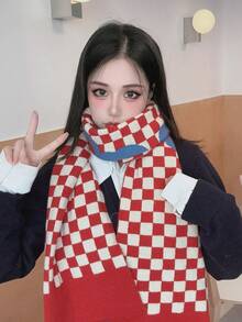 Khăn len dệt kim kẻ caro đỏ lễ hội tự làm cho phụ nữ, khăn choàng cổ đa năng cao cấp giữ ấm cho mùa đông, dành cho cả nam và nữ - Đỏ - Xem 2