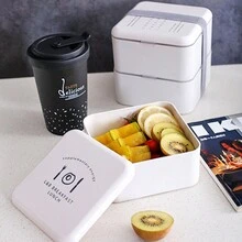 1 套时尚 2 层白色防漏午餐盒，带餐具，耐用且易于清洁，适合学生和上班族，简约设计，非常适合整理各种菜肴，午餐必备 - 彩色 - 查看 9