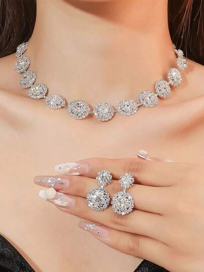 3pcs Luxury Wedding Party Women Dresses Rhinestone Diamond Decor Jewelry Fashion Sparkly Choker Necklace & Earrings Set Prom Costume Jewelry Set Accessories (2 Earrings And 1 Necklace)