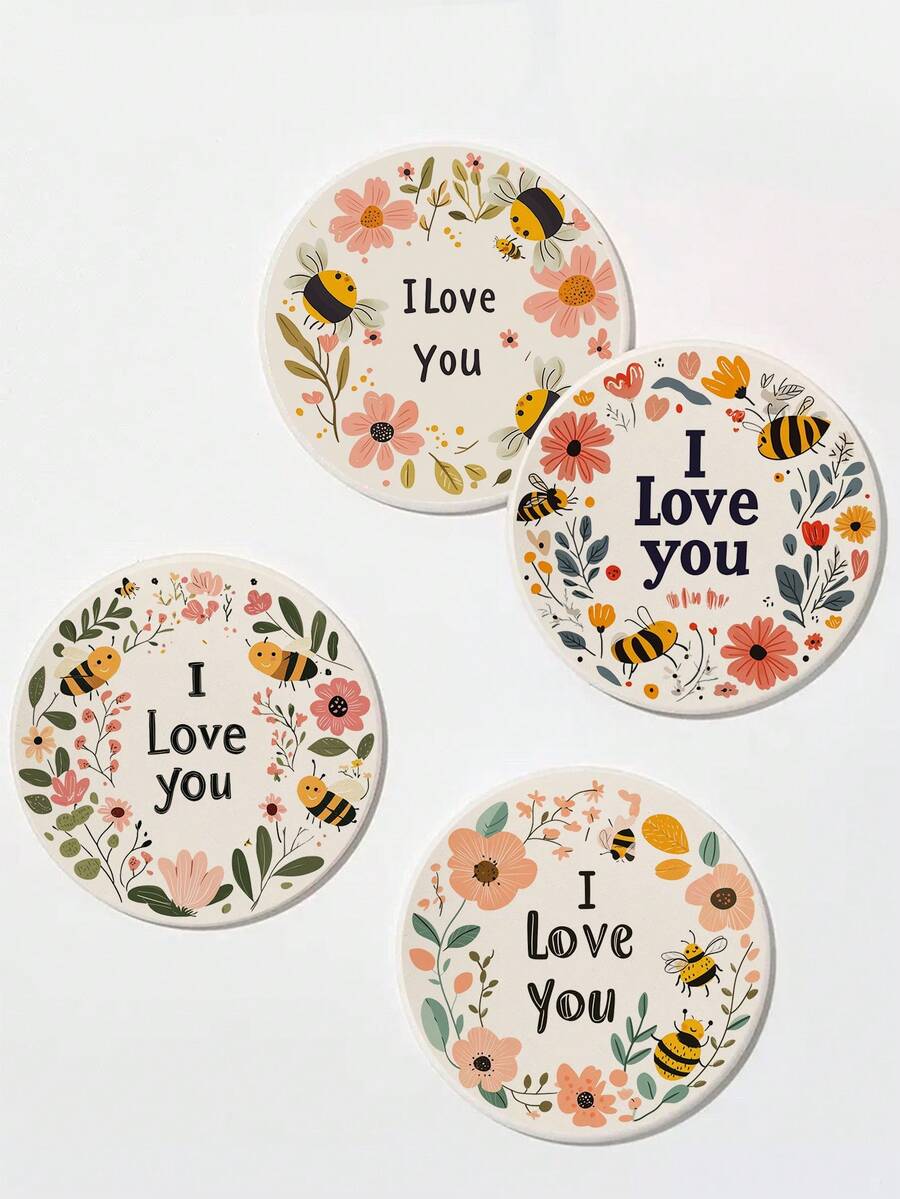 1 miếng lót ly bằng gốm hình con ong và hoa hoạt hình, thấm hút, chịu nhiệt, chống trượt, quà tặng trang trí nhà bếp cho bạn bè, bạn học, gia đình, cặp đôi - Nhiều màu - Xem 1