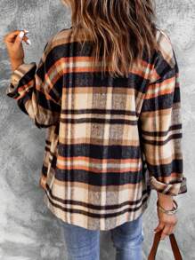 CILKOO Contrast Color Plaid Casual Long Sleeve Shacket - Orange - View 4