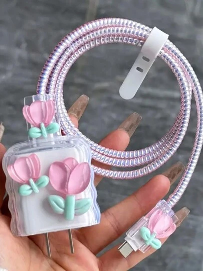 5 piezas Estuches protectores con patrón de tulipán compatibles con 11/12/13/14/15, compatibles con cargador de 18/20W, regalo para novio/novia, protector de cable, protector de cargador