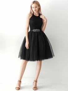 1 bucată fustă tutu de 60 cm, cu talie elastică, neagră, 4 straturi, minifustă umflată din plasă plisată pentru adulți