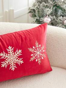 1 pièce Housse de coussin de Noël avec broderie flocon de neige rouge, pour la décoration intérieure, taie d'oreiller décorative de Noël, sans rembourrage inclus