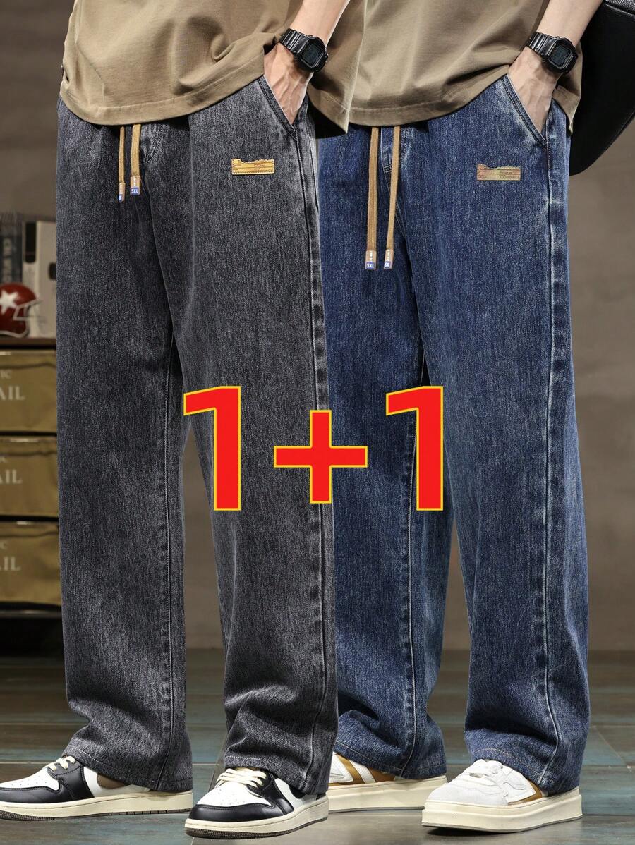 2 piezas Jeans rectos de pierna ancha con cintura elástica y cordón para hombre, jeans versátiles de pierna ancha con bolsillos para uso diario - Multicolor - Ver 1