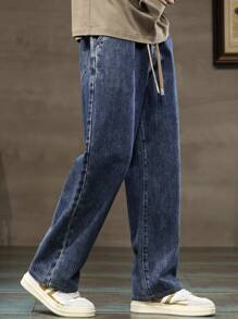 2 piezas Jeans rectos de pierna ancha con cintura elástica y cordón para hombre, jeans versátiles de pierna ancha con bolsillos para uso diario - Multicolor - Ver 6