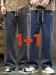 2 piezas Jeans rectos de pierna ancha con cintura elástica y cordón para hombre, jeans versátiles de pierna ancha con bolsillos para uso diario - Multicolor - Ver 2