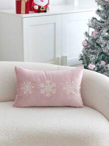 1pc Christmas Pink Snowflake Embroidered Decorative Pillowcase, Suitable For Indoor Decoration, Christmas Decor, Without Pillow Insert - Pink - View 2