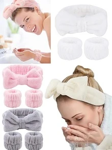 Bộ 3 Băng đô rửa mặt màu trơn phong cách Châu Âu và Mỹ chống thấm nước đầu bướm chống ẩm Bộ trang điểm rửa mặt đơn giản và thời trang Bộ tẩy trang thể thao thấm hút mồ hôi và lau cổ tay - bộ dây buộc tóc - Xem 2