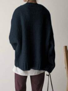 Áo len dài tay cỡ lớn dành cho nữ, có túi bên hông, món đồ thiết yếu cho mùa thu/đông. - Xanh đậm - Xem 3