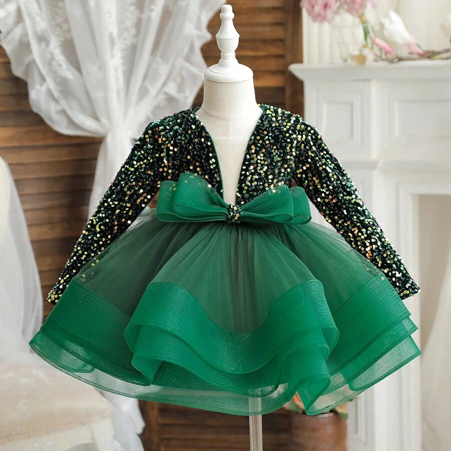 女孩优雅亮片装饰长袖 V 领蓬松公主裙，时尚蝴蝶结装饰，适合圣诞节、洗礼、生日派对、钢琴演奏会正式穿着 - 綠色 - 查看 1