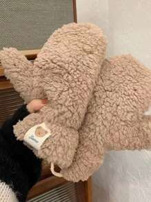 1pair Ladies' Winter Warm Bear Gloves, Cute Plush Bear Hanging Neck Gloves, Outdoor Cycling Thick Plush Anti Cold Gloves