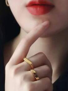 Gold Square Ring Flat Stainless Steel Antiallergic Unisex Female Male Thin Ring - 金色 - 查看 3