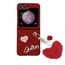 1 pièce Étui de téléphone  PU en forme de cœur rembourré et 1 pièce Pendentif en forme de cœur rembourré compatible avec Samsung Galaxy Z Flip 7 7FE 6 5 4 3 5G pour la Saint-Valentin - Rouge - Voir 4