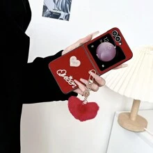 1 pièce Étui de téléphone  PU en forme de cœur rembourré et 1 pièce Pendentif en forme de cœur rembourré compatible avec Samsung Galaxy Z Flip 7 7FE 6 5 4 3 5G pour la Saint-Valentin - Rouge - Voir 3