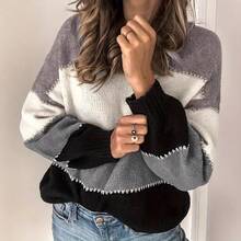 Plus Size Women Striped Crew Neck Long Sleeve Knitted Sweater, For Winter - Grey - View 1