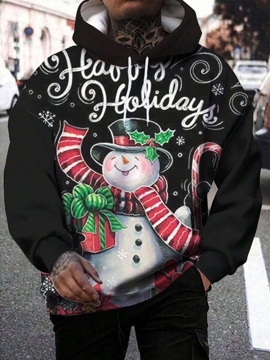 Áo nỉ trùm đầu in hình người tuyết kỹ thuật số 3D cỡ lớn cho nam dáng rộng có dây rút - Đen và trắng - Xem 1