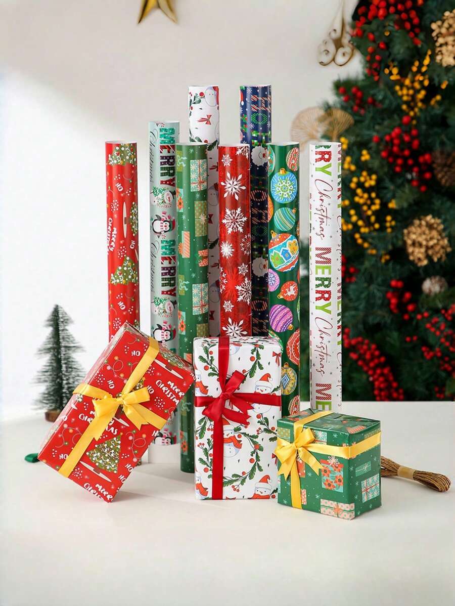 1pc Holiday Christmas Gift Wrapping Paper - Cartoon Santa Claus & Christmas Tree Pattern Double Sided Gift Wrap - Multicolor - View 1