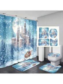 1 bộ/4 bộ phòng tắm họa tiết lâu đài rừng Giáng sinh, rèm tắm chống thấm nước có 12 móc, thảm phòng tắm, thảm chùi chân hình chữ U, nắp bồn cầu, vách ngăn phòng tắm, phụ kiện phòng tắm, đồ trang trí phòng tắm - Nhiều màu - Xem 1