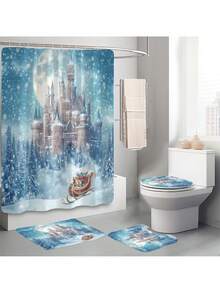 1 bộ/4 bộ phòng tắm họa tiết lâu đài rừng Giáng sinh, rèm tắm chống thấm nước có 12 móc, thảm phòng tắm, thảm chùi chân hình chữ U, nắp bồn cầu, vách ngăn phòng tắm, phụ kiện phòng tắm, đồ trang trí phòng tắm - Nhiều màu - Xem 9