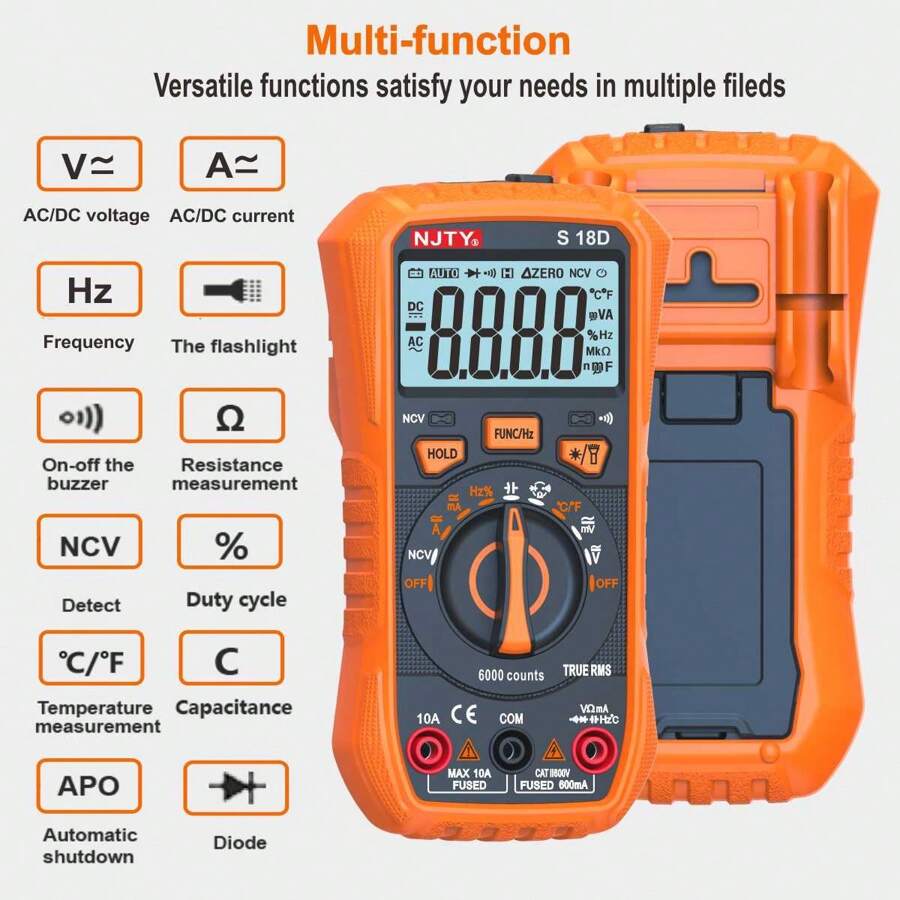 NJTY NJTY S18D Digital Multimeter, 6000 Counts, AUTO Range, True , Digital Electrician Tools, Temperature Measurement, Voltmeter Tester, Current Resistance, On-Off Diode, Resistance, Capacitance, NCV Function, (Battery Not Included)