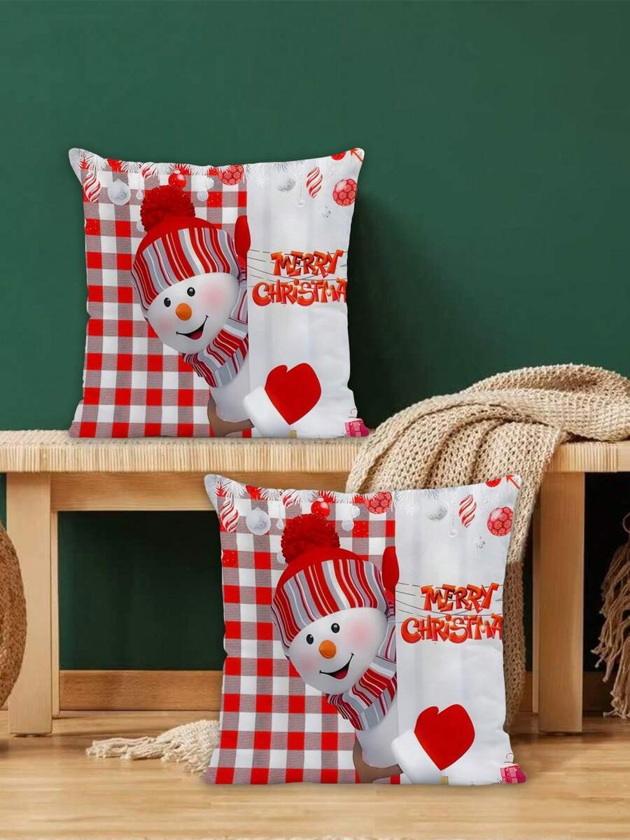 2 件沙发枕套圣诞老人雪橇优雅蝴蝶结带铃铛闪光星星节日派对装饰靠垫套卧室客厅阳台靠垫套 - 雪人 - 查看 1