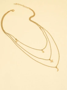 Hegaze 1pc Star & Moon Pendant Multi Layers Necklace - Yellow Gold - View 4