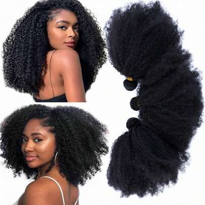 Mongolian Afro Kinky Curly Human Hair Bundles Afro Kinky 3 Bundles Human Hair Curly Weave Bundles For Women Brazilian Virgin Human Hair Bundles Hair Extensions Natural Black