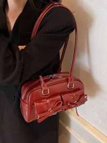 女士大容量手提包带多个口袋，时尚腋下包，适合通勤、音乐节、派对、送礼（不含额外配件） - 酒紅色 - 查看 7