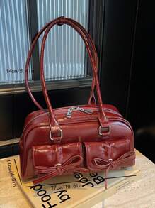 女士大容量手提包带多个口袋，时尚腋下包，适合通勤、音乐节、派对、送礼（不含额外配件） - 酒紅色 - 查看 8