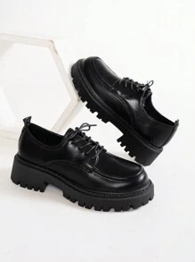 Black Lace-Up Platform Mary Jane Shoes, Chunky Heels, Round Toe, British Style, New Spring 2024, JK/Lolita Fashion