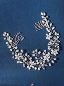 1pc Pearl & Rhinestone Comb Bridal Hair Accessory For Women, Handmade Elegant Boho Tiaras