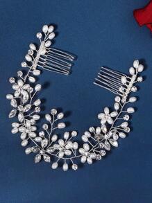 1pc Pearl & Rhinestone Comb Bridal Hair Accessory For Women, Handmade Elegant Boho Tiaras