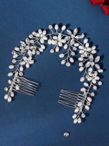 1pc Pearl & Rhinestone Comb Bridal Hair Accessory For Women, Handmade Elegant Boho Tiaras
