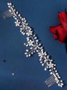 1pc Pearl & Rhinestone Comb Bridal Hair Accessory For Women, Handmade Elegant Boho Tiaras