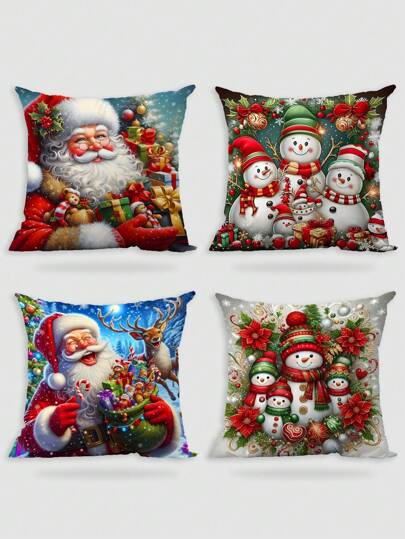 4 Peças/1 Peça Fronha Curta de Pelúcia Colorida com Papai Noel e Boneco de Neve, Decoração para Sofá, Quarto, Sala de Estar, Casa, Capa de Almofada