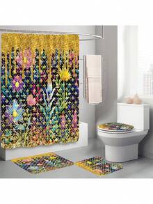 Bộ rèm tắm 1/4 tấm gạch vàng và hoa, rèm tắm chống thấm nước tuyệt đẹp sáng bóng có 12 móc, thảm tắm, thảm chùi chân hình chữ U, nắp bồn cầu, vách ngăn phòng tắm, phụ kiện phòng tắm, đồ trang trí phòng tắm - Nhiều màu - Xem 9