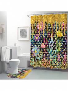 Bộ rèm tắm 1/4 tấm gạch vàng và hoa, rèm tắm chống thấm nước tuyệt đẹp sáng bóng có 12 móc, thảm tắm, thảm chùi chân hình chữ U, nắp bồn cầu, vách ngăn phòng tắm, phụ kiện phòng tắm, đồ trang trí phòng tắm - Nhiều màu - Xem 3