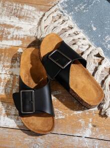 Damen einfache quadratische Schnallen-Slipper Sandalen mit Unifarbe, flach, atmungsaktiv, Große Größen