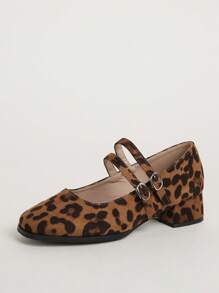 2024 Spring/Autumn French Style Mary Jane Flat Shoes, Vintage Niche Leopard Print Ankle Strap Block Heel Pumps - Leopard - View 7