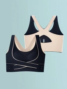 2pcs Sports Bra Front Adjustable Buckle Wireless Padded Comfy Gym Yoga Underwear Breathable Workout Fitness Top Low Intensity Women - Multicolor - View 5