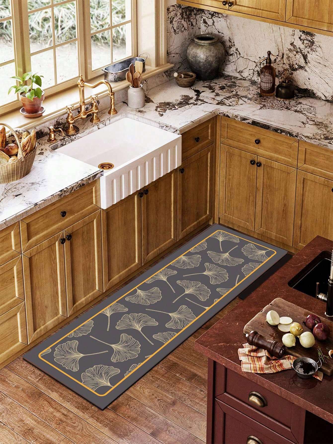 1pc Thick Silicone Mat Kitchen Rug With Gold Leaf Brown Pattern
