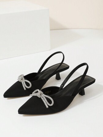 Women's Black Leica Crystal Bowknot Mid-Heel Slip-On Ballet Flats, Versatile For Commute & Daily Wear