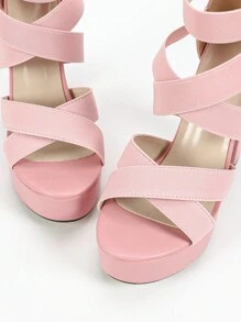 Sandalias romanas con tacón grueso para mujer, de color rosa, con diseño hueco y punta abierta, botas de tobillo para boda, sandalias con plataforma impermeable y tacón súper alto - Rosa - Ver 5